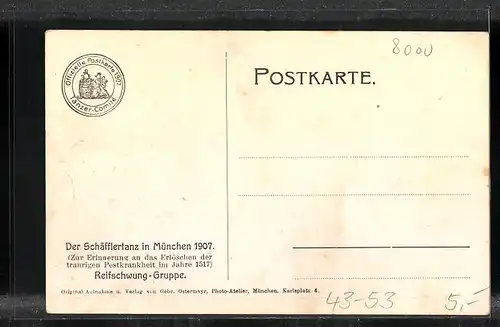 AK München, Reifschwung-Gruppe beim Schäfflertanz 1907, Volkstanz