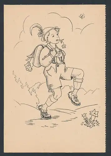 AK Bursche mit Tornister streift pfeifend durch die Landschaft