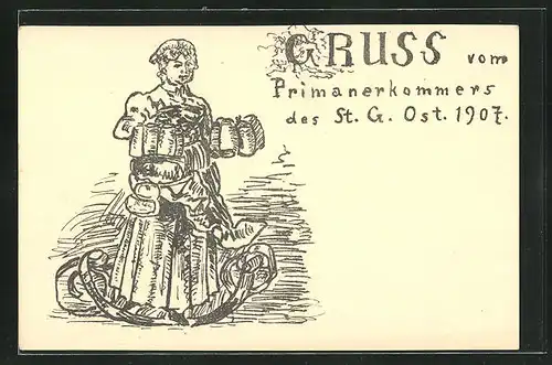 AK Primanerkommers des St. G. Ost. 1907, Wirtin mit Bierkrügen