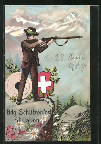 Künstler-AK St. Gallen, Eidgenössisches Schützenfest, Schütze mit Gewehr