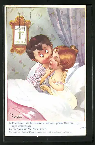 Künstler-AK Right: Mann küsst Frau im Bett am Neujahrstag 1918