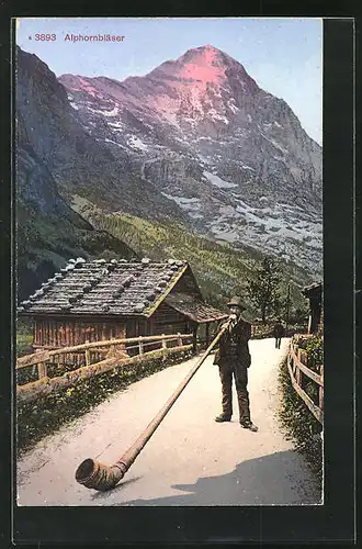 AK Alphornbläser vor einer Hütte in den Bergen