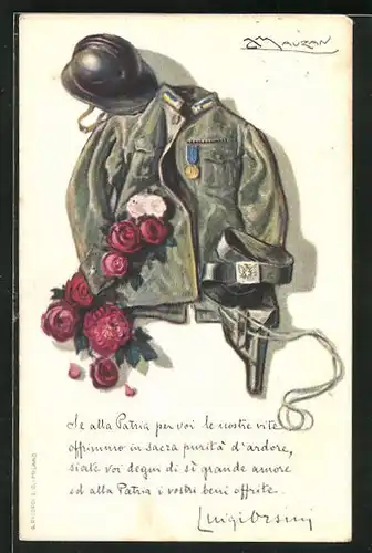 Künstler-AK Mauzan: Uniform eines Soldaten mit Helm und Blumen