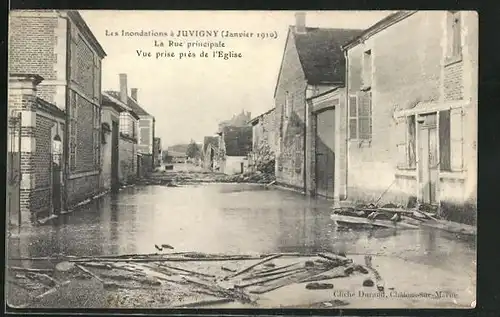 AK Juvigny, Les Inondations Janvier 1910, Le Rue principale, Hochwasser