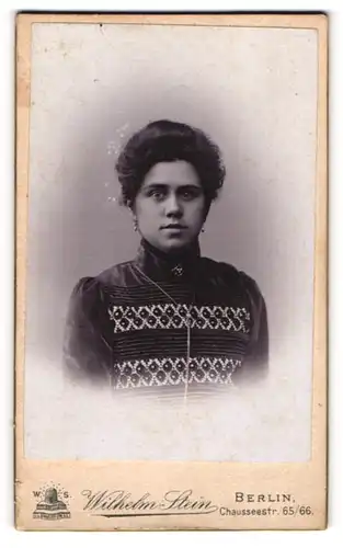 Fotografie Wilhelm Stein, Berlin, Portrait junge Frau in bestickter Bluse