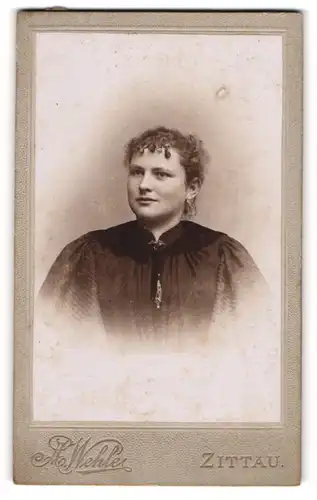 Fotografie A. Wehle, Zittau, Portrait modisch gekleidete Dame mit Kragenbrosche