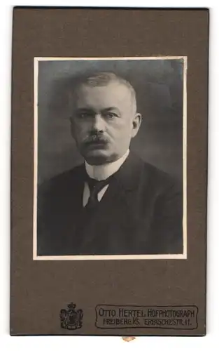 Fotografie Otto Hertel, Freiberg i / S., Portrait älterer Herr im Anzug mit Krawatte und Schnurrbart