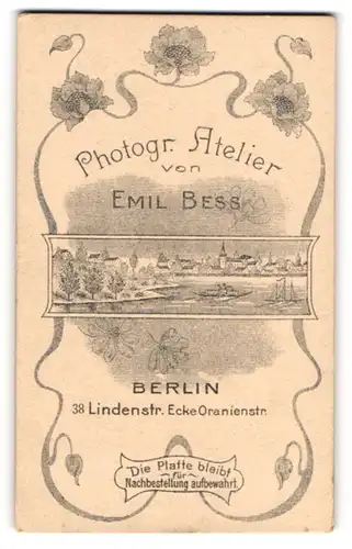 Fotografie Emil Bess, Berlin, rückseitige Ansicht Berlin, Panorama, vorderseitig Portrait