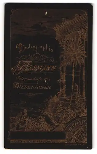 Fotografie J. Assmann, Diedenhofen, rückseitig Motiv einer Säulenhalle, vorderseitig Portrait