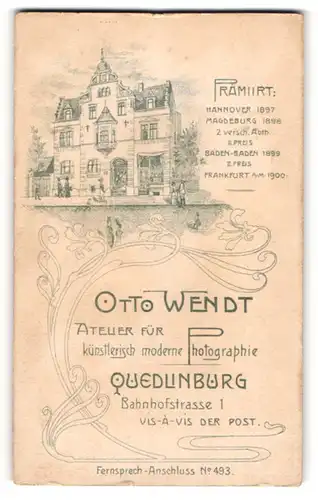 Fotografie Otto Wendt, Quedlinburg, rückseitige Ansicht Quedlinburg, Atelier Bahnhofstr. 1, vorderseitig Portrait