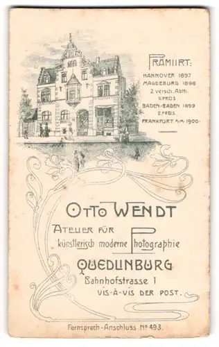 Fotografie Otto Wendt, Quedlinburg, rückseitige Ansicht Quedlinburg, Atelier Bahnhofstr. 1, vorderseitig Portrait