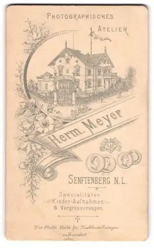 Fotografie Herm. Meyer, Senftenberg N/L, rückseitige Ansicht Senftenberg, Atelier, vorderseitig Portrait