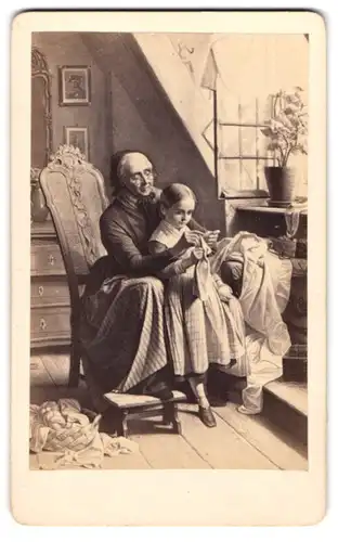 Fotografie Der Strickunterricht, nach Gemälde von E. Meyerheim