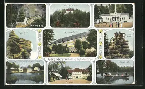 AK Bad Alexandersbad / Fichtelgebirge, Kuranstalt, Badehaus, Teichpartie bei Roglers-Mühle