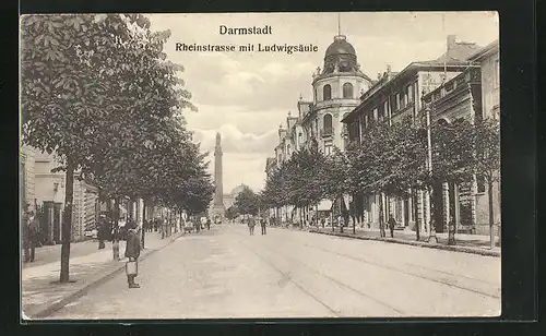 AK Darmstadt, Rheinstrasse mit Ludwigsäule