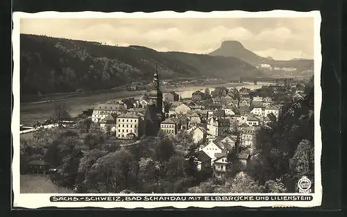 AK Bad Schandau / Sächs. Schweiz, Panorama mit Elbbrücke und Lilienstein