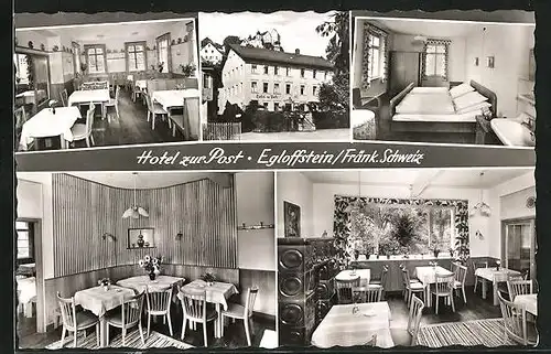 AK Egloffstein / Fränk. Schweiz, Hotel zur Post, Innenansichten Schlafzimmer und Gastraum