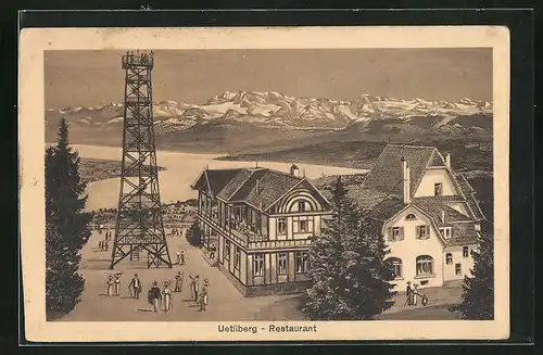 AK Uetliberg, Partie mit Restaurant und Alpenkette