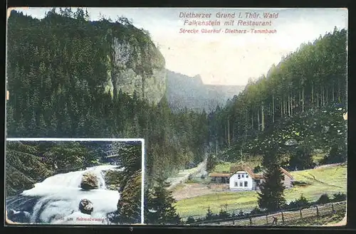 AK Dietharz i. Thür. Wald, Dietharzer Grund, Falkenstein mit Restaurant, Partie am Schmalwasser