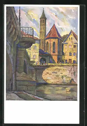 Künstler-AK Hall, Henkersbrücke mit St. Johann