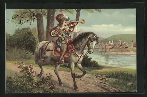 AK Trompeter reitet am Flussufer entlang, Behüt Dich Gott!