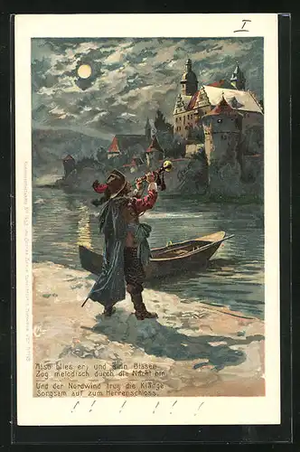AK Trompeter steht im Mondschein am Flussufer, Behüt Dich Gott!