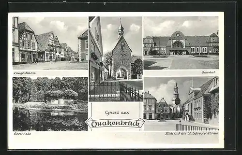 AK Quakenbrück, Langestrasse, Ehrenhain, Bahnhof, Blick auf die St. Sylvester-Kirche