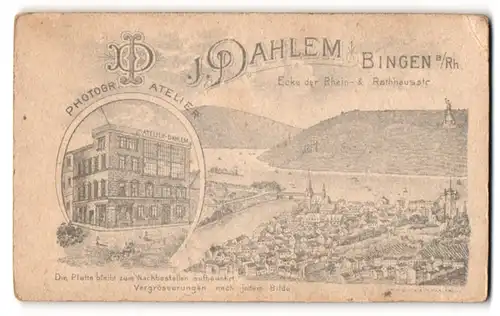 Fotografie J. Dahlem, Bingen a/Rh, rückseitige Ansicht Bingen, Atelier Ecke Rhein- & Rathhausstr., vorders. Portrait