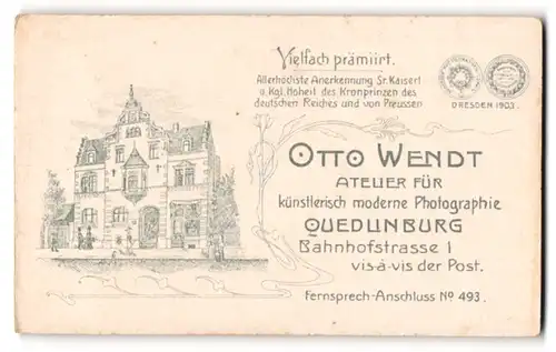 Fotografie Otto Wendt, Quedlinburg, rückseitige Ansicht Quedlinburg, Atelier Bahnhofstr. 1, vorders. Portrait