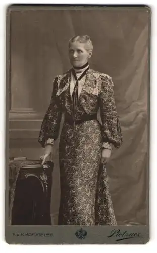 Fotografie C. Pietzner, Wien, Portrait betagte Dame in modischem Kleid