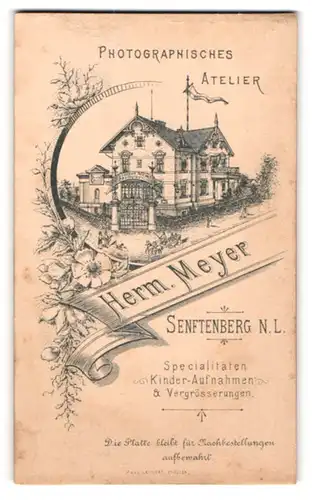 Fotografie Herm. Meyer, Senftenberg, Ansicht Senftenberg, Foto-Atelier & Geschäftshaus Promenade 2, Rückseitig Portrait