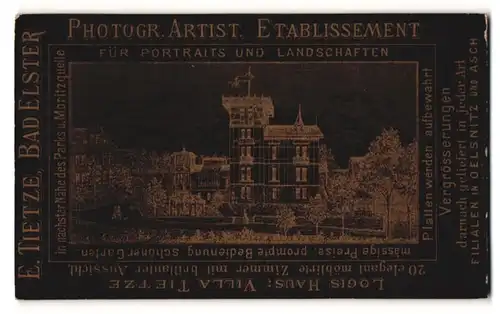 Fotografie E. Tietze, Bad Elster, Ansicht Bad Elster, Foto-Atelier Logis-Haus Villa Tietze, Portrait Rückseitig