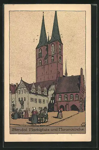 Steindruck-AK Stendal, Blick auf Marktplatz und Marienkirche