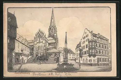 AK Aschaffenburg, Stiftsplatz mit Stiftskirche