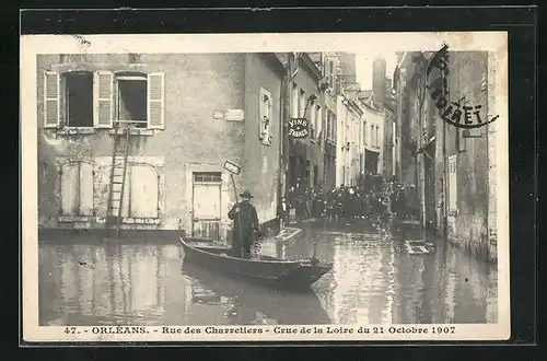 AK Orléans, Crue de la Loire 1907, Rue des Charretiers, Strassenpartie bei Hochwasser