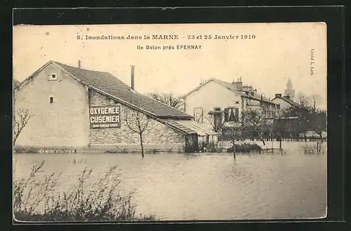 AK Ile Belon, Inondations dans la Marne 1910, Ortspartie bei Hochwasser