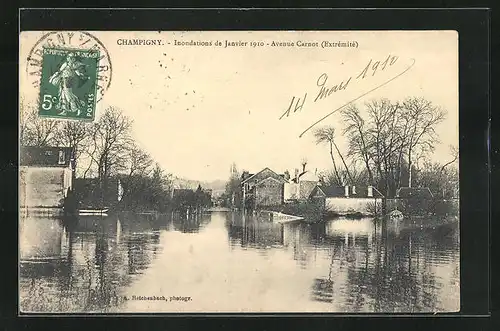 AK Champigny, Inondations de Janvier 1910 - Avenue Carnot, Hochwasser