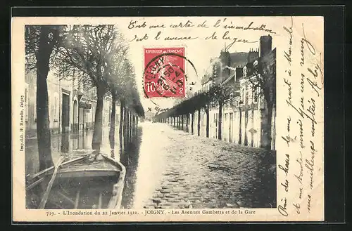 AK Joigny, Hochwasser / Inondations 1910, Les Avenues Gambetta et de la Gare