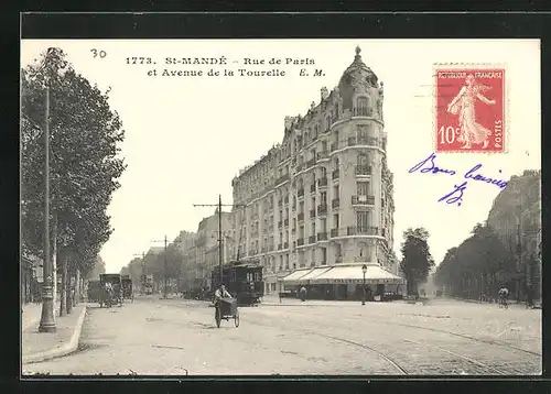 AK Saint-Mandé, Rue de Paris et Avenue de la Tourelle, Strassenbahn und Kutschen