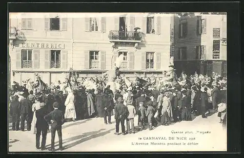 AK Nice, Canaval 1906, L`Avenue Masséna pendant le défiler, Fasching