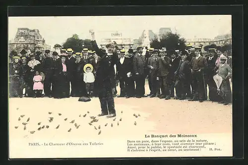 AK Paris, Le Charmeur d`Oiseaux aux Tuileries, le Banquet des Moineaux