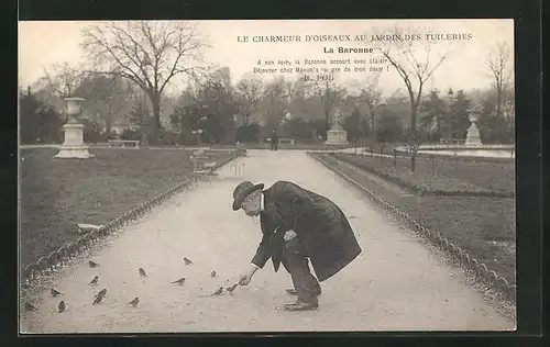 AK Paris, Le Charmeur d`Oiseaux au Jardin des Tuileries, la Baronne