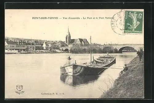 AK Pont-sur-Yonne, Vue d`ensemble, Le Port et le Pont National