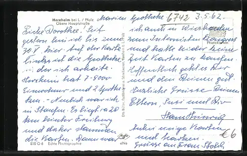 AK Herxheim bei Landau /Pfalz, Obere Hauptstrasse mit Raiffeisenbank und Apotheke