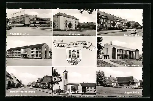AK Salzgitter-Lebenstedt, Kaufhaus Hertie, Breite Strasse, Jugendheim, Wappen
