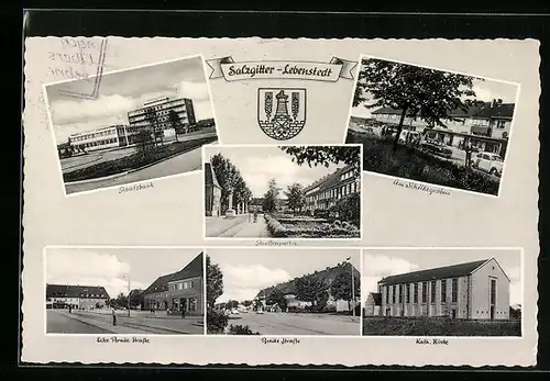 Passepartout-AK Salzgitter-Lebenstedt, Am Schützengraben, Staatsbank, Wappen