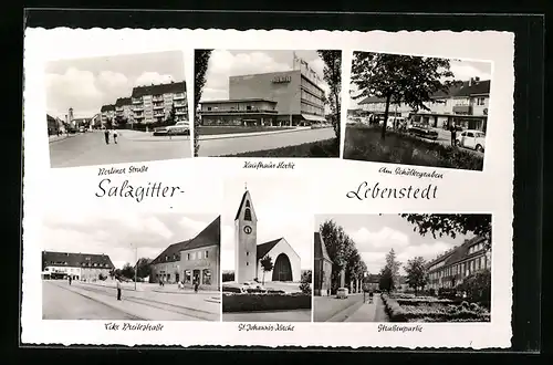 AK Salzgitter-Lebenstedt, Berliner Strasse, Kaufhaus Hertie, St. Johanniskirche, Am Schölkegraben