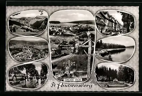 Passepartout-AK St. Andreasberg, Strassenpartien, Ortsansicht mit Seilbahn