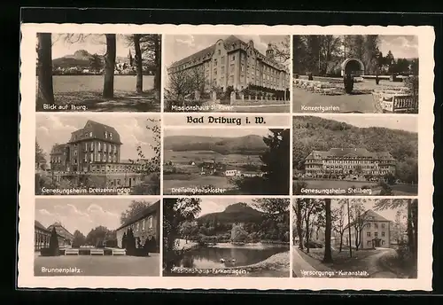 AK Bad Driburg i. W., Konzertgarten, Genesungsheim Dreizehnlinden, Brunnenplatz