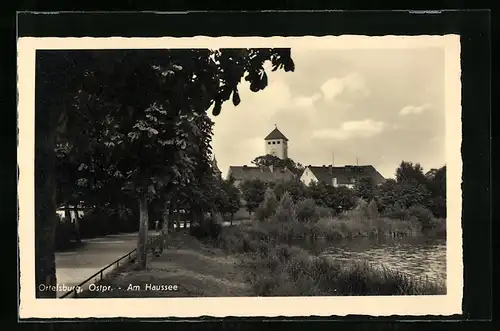 AK Ortelsburg, Haussee mit Strasse und Ortsblick